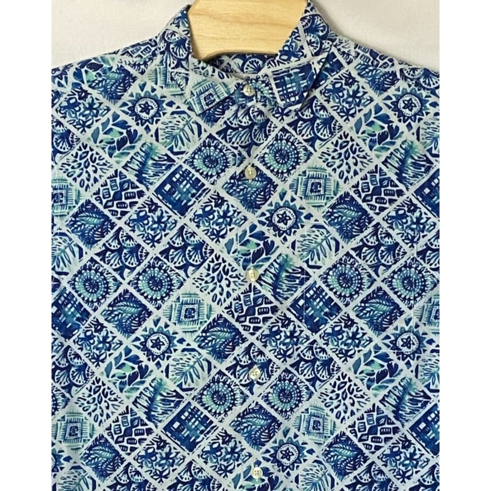 Tommy Bahama Hawaiian Shirt M Blue Silk Blend Cool Max Short Sleeve